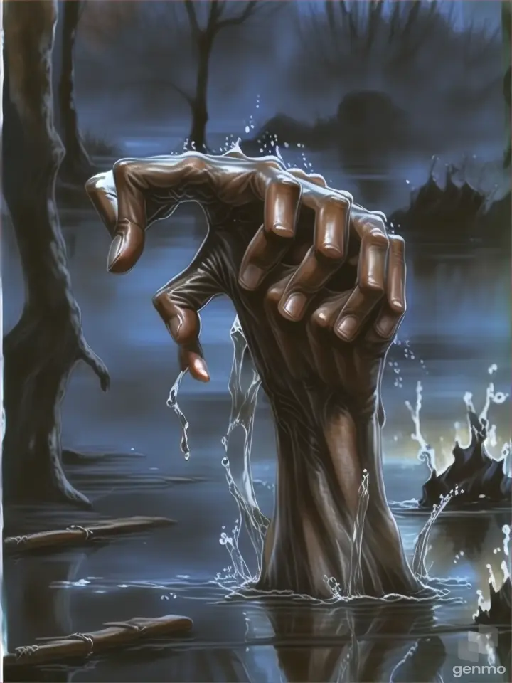 a painting of a hand reaching out of the water