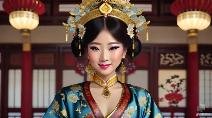 The image shows a character with a blurred face. Surrounded by the environment of the Chinese Dynasty Hall, the character is a beautiful female neck, sleeve, makeover, kimono, fashion design, beauty, jewellery, event, shimada, tradition dressed in a costume and headdressemperor, smiling happily. The head of the person in the picture was covered. There is a crown-like ornament on the head that looks luxuriously decorated. It had a luxuriously decorated appearance, with long flowing hair, large blue eyes, a slight smile, and wearing exquisite gold jewelry. horizontal image