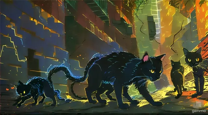 a painting of a black cat walking down a street next to tall buildings,only one black cat total.