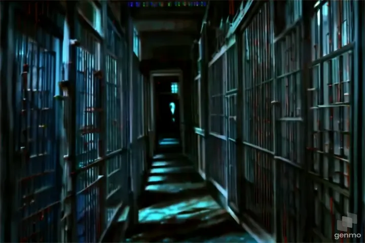 a dark hallway with lots of windows and bars