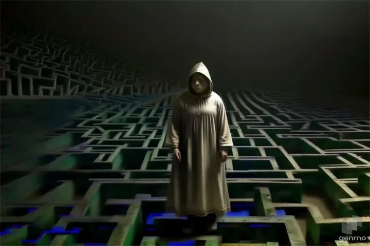 a person standing in a maze in the dark