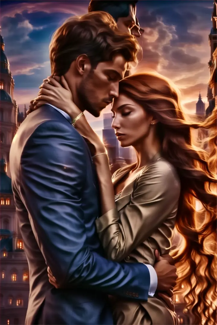 a man and a woman embracing in front of a cityscape