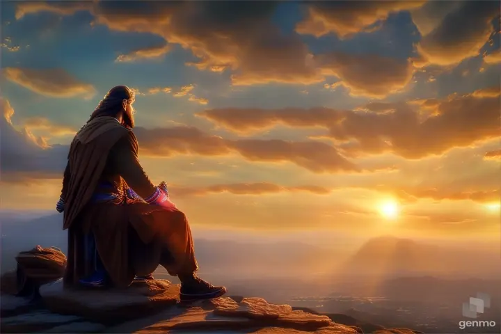 a man sitting on top of a rock next to a sunset