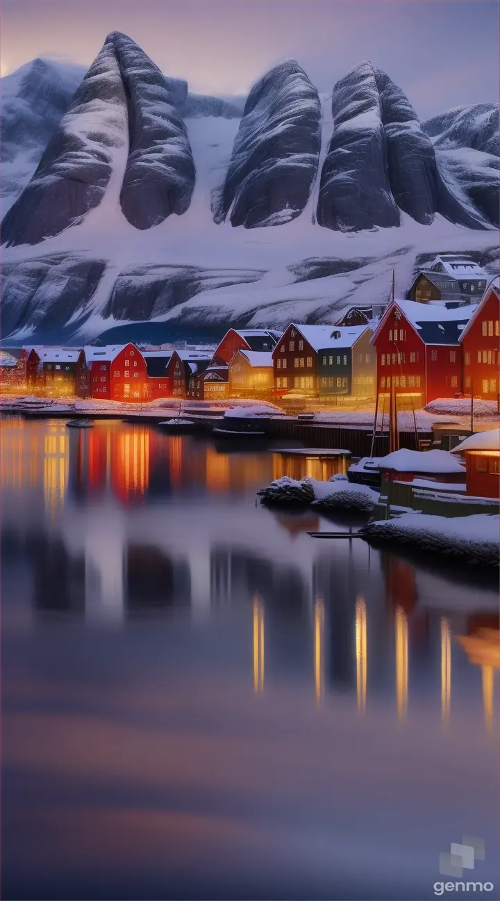 A quiet harborside Norwegian city framed by looming snow-tipped mountains at twilight