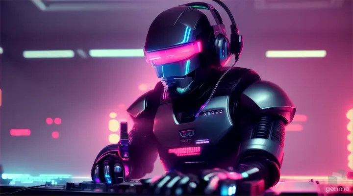 robocop playing dj in a 90s nightclub