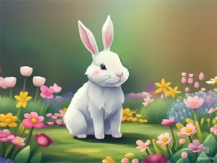 an animated cute little cartoon rabbit is playing in a garden which is full of flowers and plants