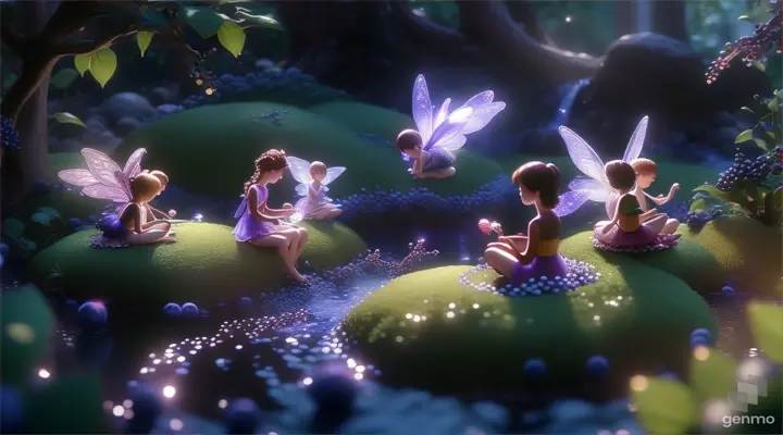 a group of sparkling fairies sitting on top of a berries along with berry stream