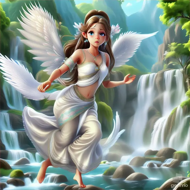  a beautiful fairy  with wings wearing a white saree long hair  running worried nearby  waterfall    3D animation cartoon 