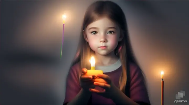 The scene begins with a young girl holding a small light in her hand. Initially, the light is dim and barely illuminates the surroundings. As time progresses, the intensity of the light gradually increases, growing from a small spark to a bright source of light that illuminates the surrounding area. During this process, the girl appears focused on the light, and her face lights up with an expression of wonder and amazement. Finally, the light reaches its maximum intensity, fully illuminating the surroundings and revealing a clear, bright scene."in charcoal style but in crayon with vibrant colors 