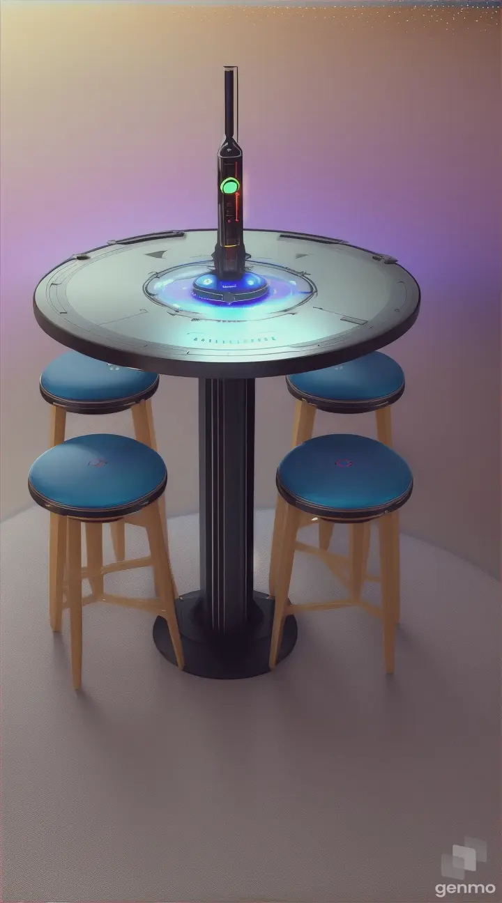 a table of Interstellar communication with two stools next to a barrel wich IS in fact a intergalactic magical device, three people have them hands placed on this device and activate a spaceship that WE Can see boot his ion propulsor in an hologram playing over the table
