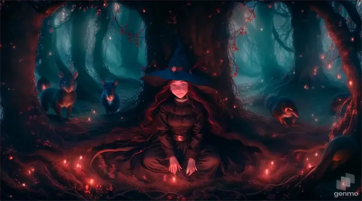 a horrible witch sitting in the middle of a forest surrounded by squirrls