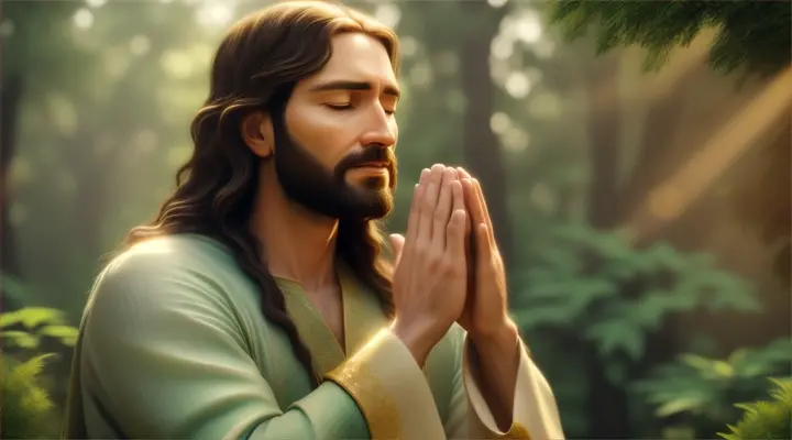 Jesus praying in the forest, closed up, Pixar style