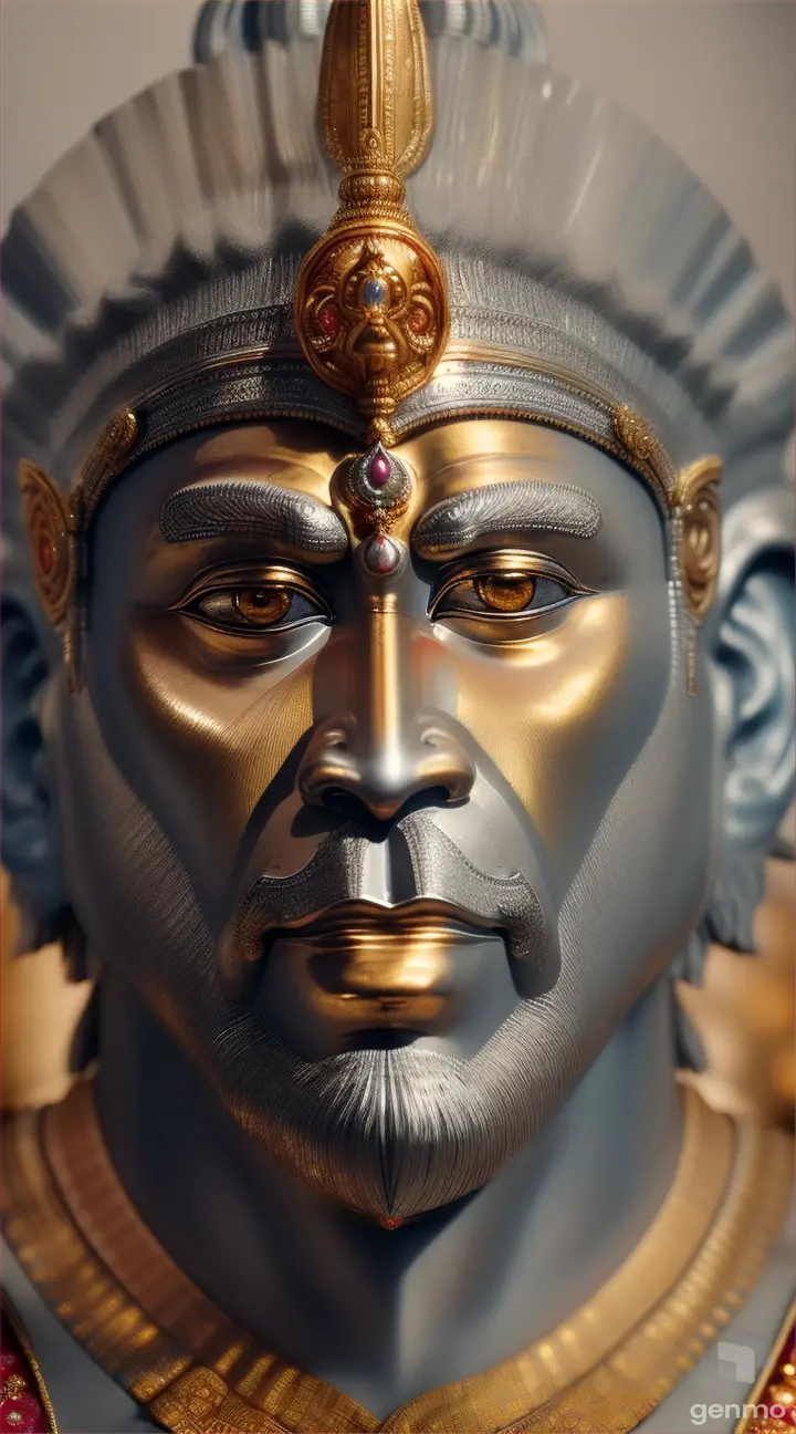 Blessings: Capture a close-up of Hanuman's face, with his eyes radiating silver light as he bestows blessings upon his devotees, surrounded by shimmering silver rays.