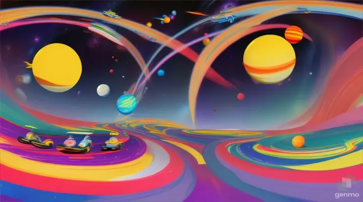  A vibrant cartoon race track zooming through the vastness of space.  Eight planets (including Pluto for fun!) line up at the starting line, all revved up and ready to race.  A giant, friendly Sun smiles down on them from above.