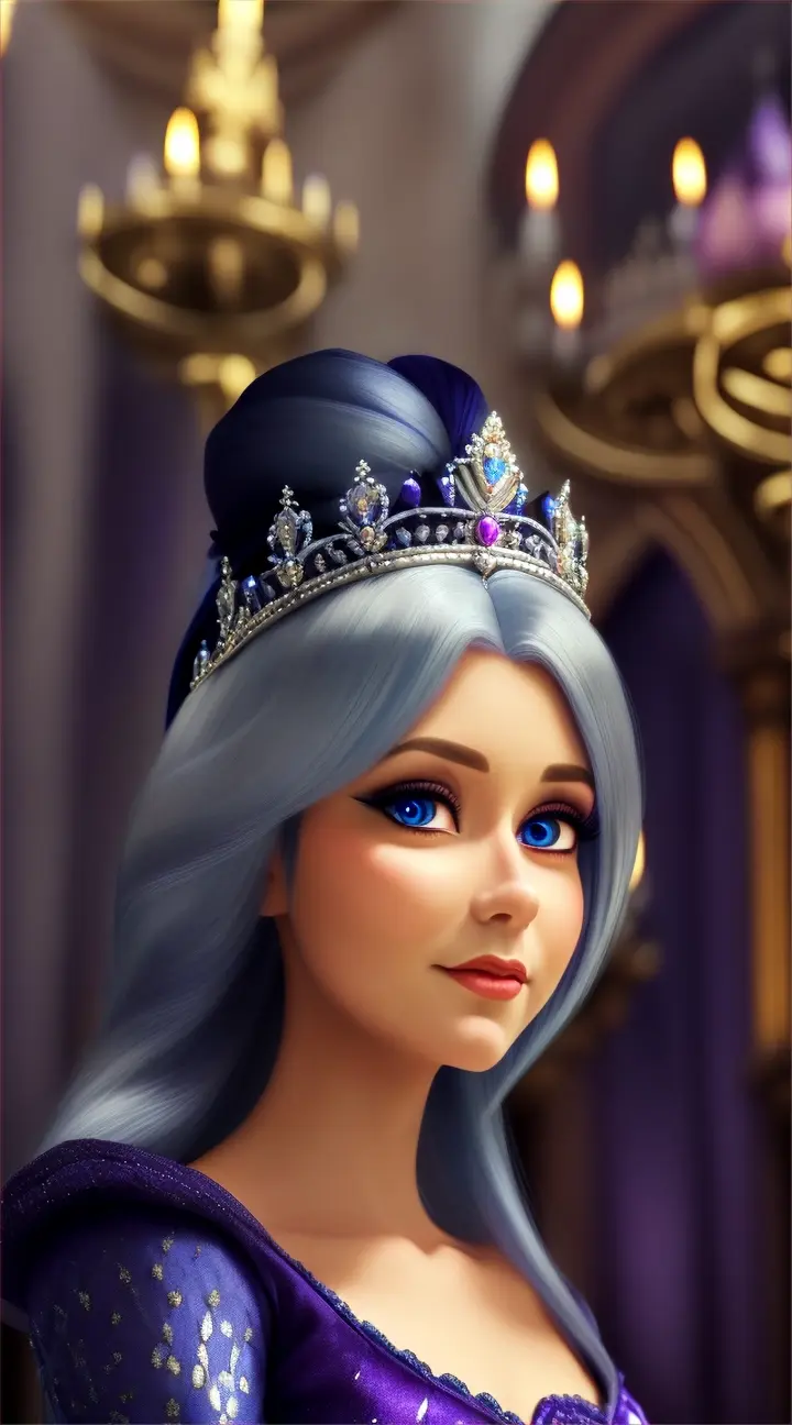 A Queen with elegant silver hair and deep blue eyes, wearing a rich purple gown, instructing servants in a castle hall, closed up, Pixar Style.