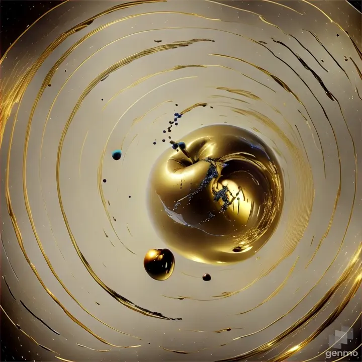 a picture of a golden apple surrounded by planets, rapid zoom in