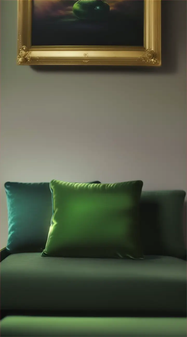 A close-up of a tiny green pea, glowing slightly, displayed in a luxurious velvet cushion in a museum setting, 3D