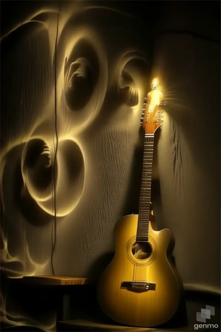 a guitar sitting on top of a wooden table