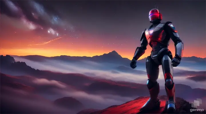 
robocop looking from a high mountain to the starry sky, with cinematic camera