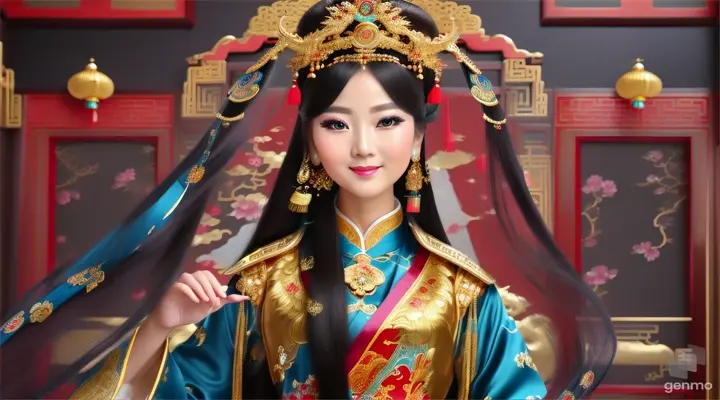 The image shows a character with a blurred face. Surrounded by the environment of the Chinese Dynasty Hall, the character is a beautiful female neck, sleeve, makeover, kimono, fashion design, beauty, jewellery, event, shimada, tradition dressed in a costume and headdressemperor, smiling happily. The head of the person in the picture was covered. There is a crown-like ornament on the head that looks luxuriously decorated. It had a luxuriously decorated appearance, with long flowing hair, large blue eyes, a slight smile, and wearing exquisite gold jewelry. horizontal image