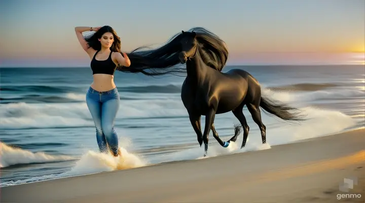 "An elegant woman with a captivating presence, possessing a striking figure of 40D curves, gracefully dashes along the sandy shores, clad in fitted blue jeans and a sleek black t-shirt. Her flowing hair dances in the wind as she races alongside a magnificent black stallion, their synchronicity creating a breathtaking spectacle against the backdrop of the shimmering sea."