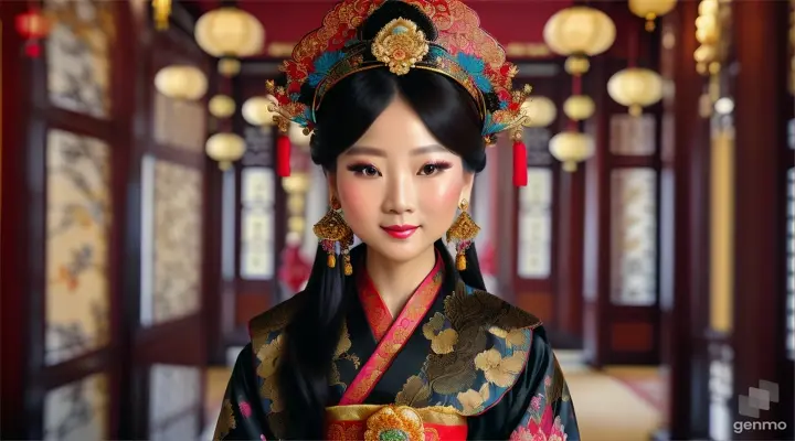 The image shows a character with a blurred face. Surrounded by the environment of the Chinese Dynasty Hall, the character is a beautiful female neck, sleeve, makeover, kimono, fashion design, beauty, jewellery, event, shimada, tradition dressed in a costume and headdressemperor, smiling happily. The head of the person in the picture was covered. There is a crown-like ornament on the head that looks luxuriously decorated. It had a luxuriously decorated appearance, with long flowing hair, large blue eyes, a slight smile, and wearing exquisite gold jewelry. horizontal image