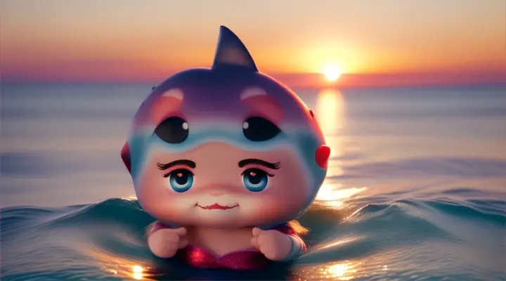 STYLE CHIBI-MARU: ZOON IN;; 
**Image 11:**
* Baby Shark's head is tilted, eyes sparkling.
* Water droplets form a heart shape around him.
* Background: Romantic sunset over the ocean.