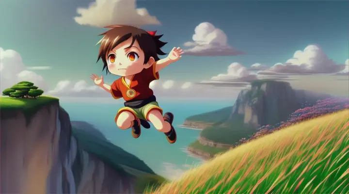 STYLE CHIBI-MARU: ZOON IN;; 
18. **Leaping from a Cliff:** Chimaru leaps from a high cliff, its body extended and its eyes filled with anticipation.