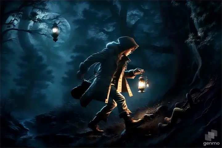 a person walking through a forest holding a lantern