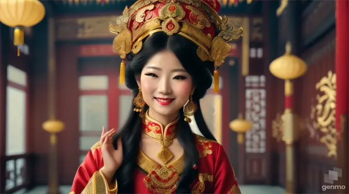 The image shows a character with a blurred face. Surrounded by the environment of the Chinese Dynasty Hall, the character is a beautiful female neck, sleeve, makeover, kimono, fashion design, beauty, jewellery, event, shimada, tradition dressed in a costume and headdressemperor, smiling happily. The head of the person in the picture was covered. There is a crown-like ornament on the head that looks luxuriously decorated. It had a luxuriously decorated appearance, with long flowing hair, large blue eyes, a slight smile, and wearing exquisite gold jewelry. horizontal image