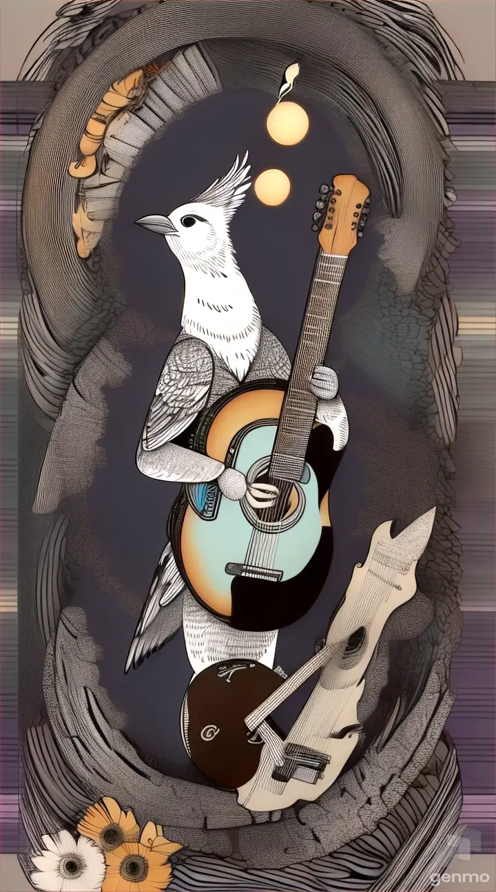 a drawing of a bird playing a guitar