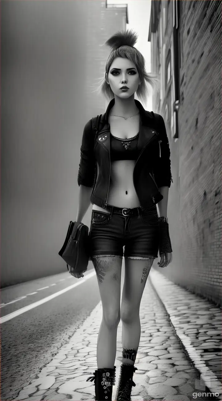 very realistic woman looks like a punk rock girl walking on the New York street, 80's style, grayscale, pencil drawing, comix styl