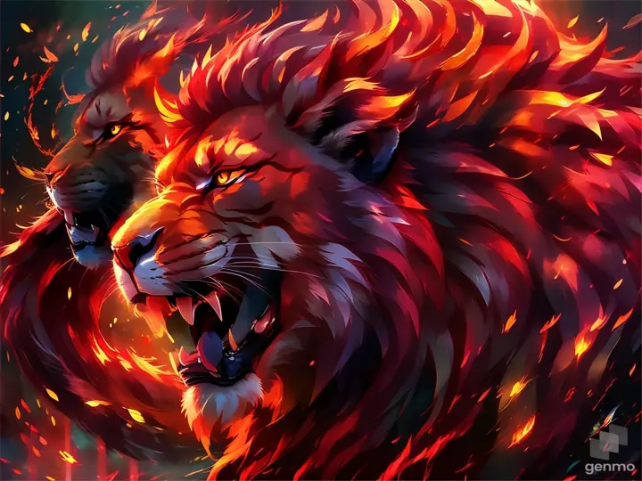 red lion roar spirit with red aura anime style