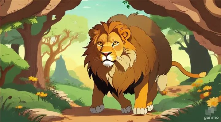 A playful cartoon of a lion coming out from a cave in a forest in 16:9 ratio