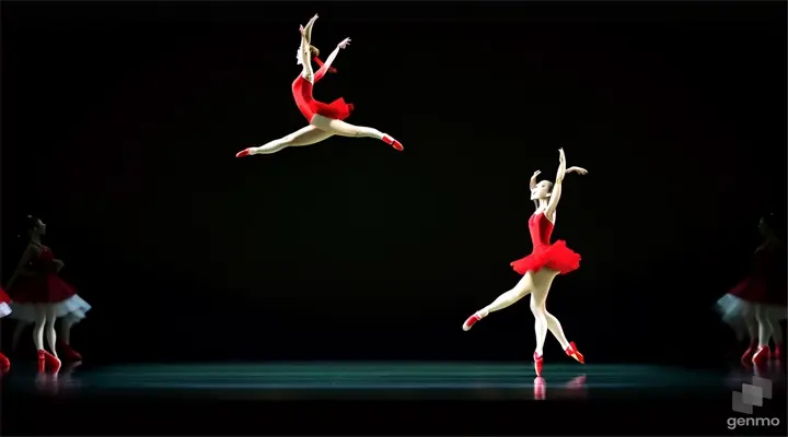 women in a red dress. ballerina in a red dress are running across the stage, a ballerina in a red dress, a ballerina in a red dress is jumping high and spinning in the air. The background is completely green and is used as a green chromokey. overall plan