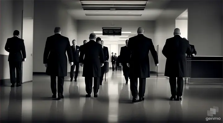 The Inspection Team:
A separate scene introduces the inspection team, showing them arriving at a government office. They are stern-faced, carrying sticks, and exuding authority.
Transition to a busy office setting where the inspection team interrogates and chastises government employees, emphasizing their intimidating presence and strict behavior.