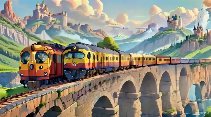 a train traveling over a bridge with a castle in the background