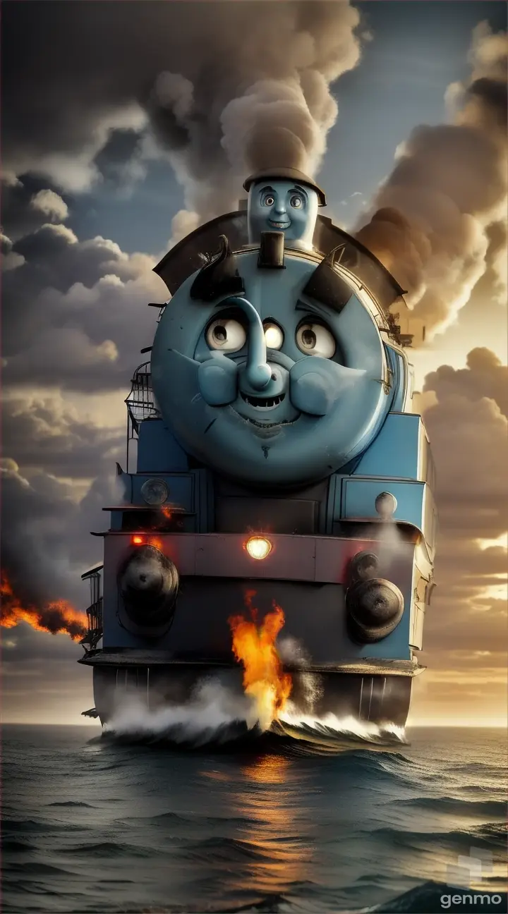 Giant Thomas the Tank Engine, now a ((monster, with razor-sharp teeth)) and ominous glow, menacing the edge of the sea where people flee for their lives amidst the ruins of their towns and cities, smoke and flames.