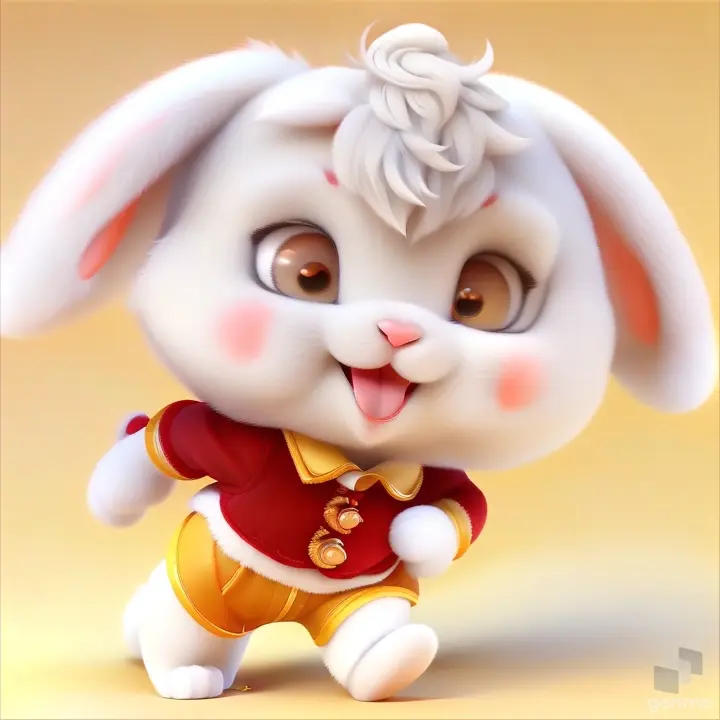 a white furry cartoon rabbit with a red shirt and yellow pants running fast.