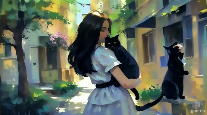 a painting of a woman holding a black cat