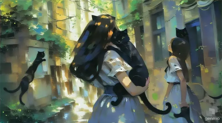 a painting of a girl holding a black cat