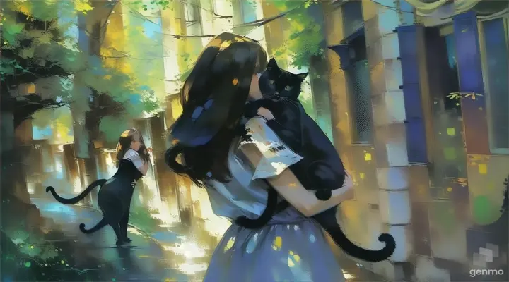 a painting of a girl holding a black cat