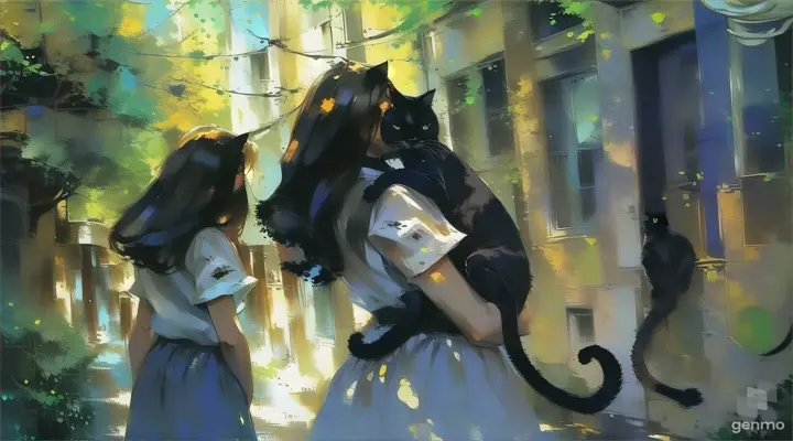 a painting of a girl holding a black cat