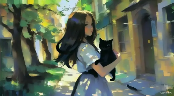 a painting of a girl holding a black cat
