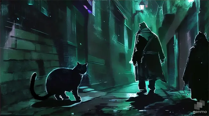 a man standing down a dark alley way with a cat