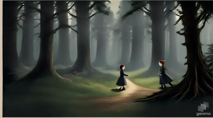 Lost in the Forest: Illustrate Hänsel and Gretel wandering in the forest, looking lost and disheartened.
