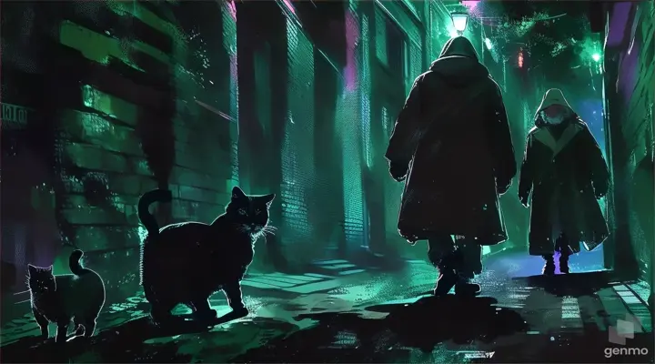 a man standing down a dark alley way with a cat