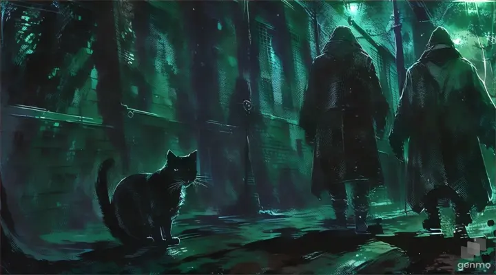 a man standing down a dark alley way with a cat