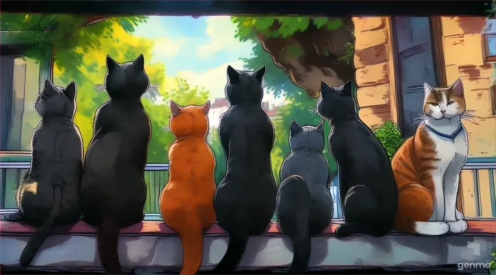 four cats sitting on a ledge looking out a window