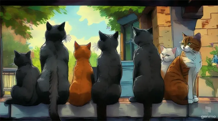 four cats sitting on a ledge looking out a window
